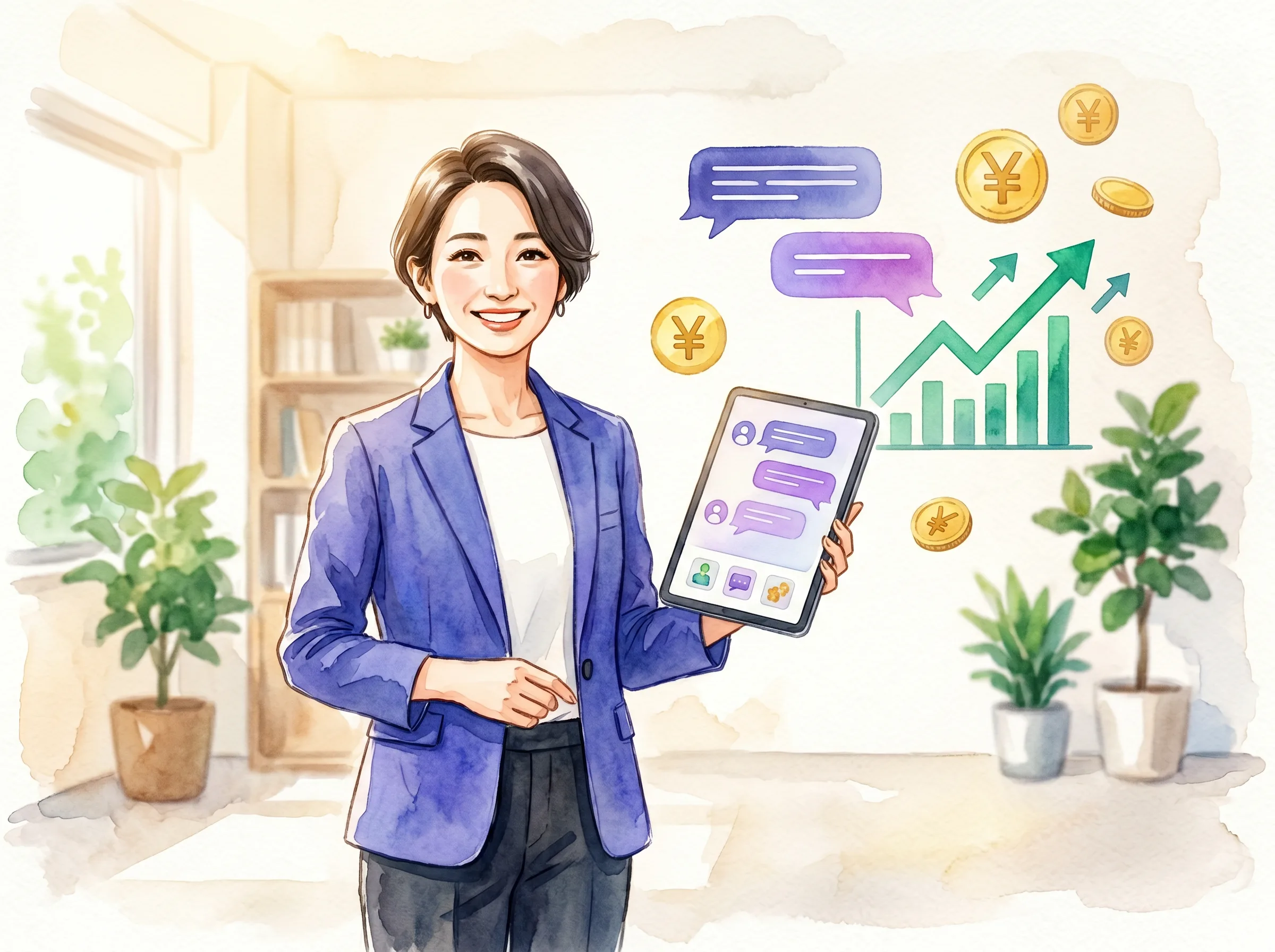 代理店ブランドの AI チャットボットを販売するビジネスウーマンのイラスト