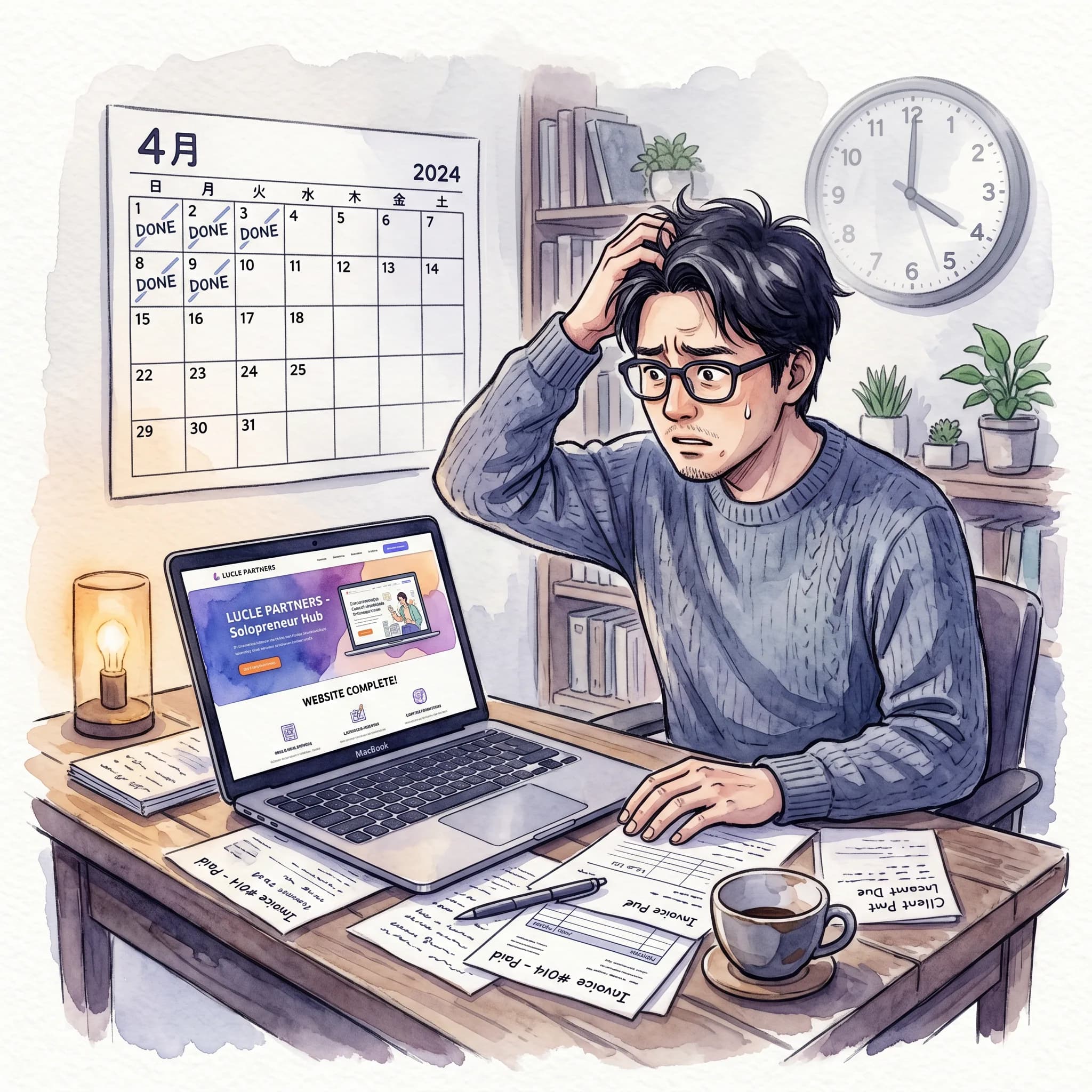 カレンダーを見て困っているフリーランスのイラスト