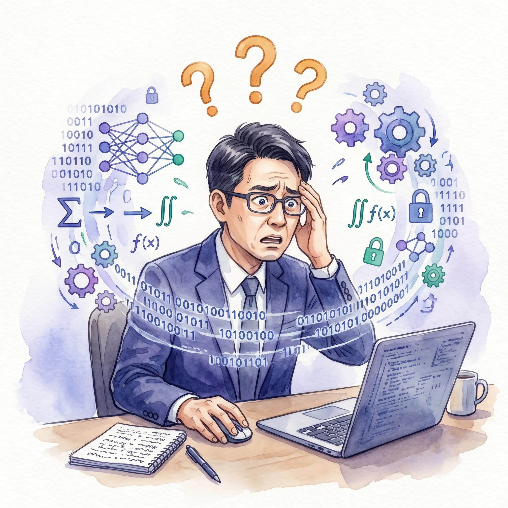 複雑な技術記号に頭を抱えるビジネスマンのイラスト