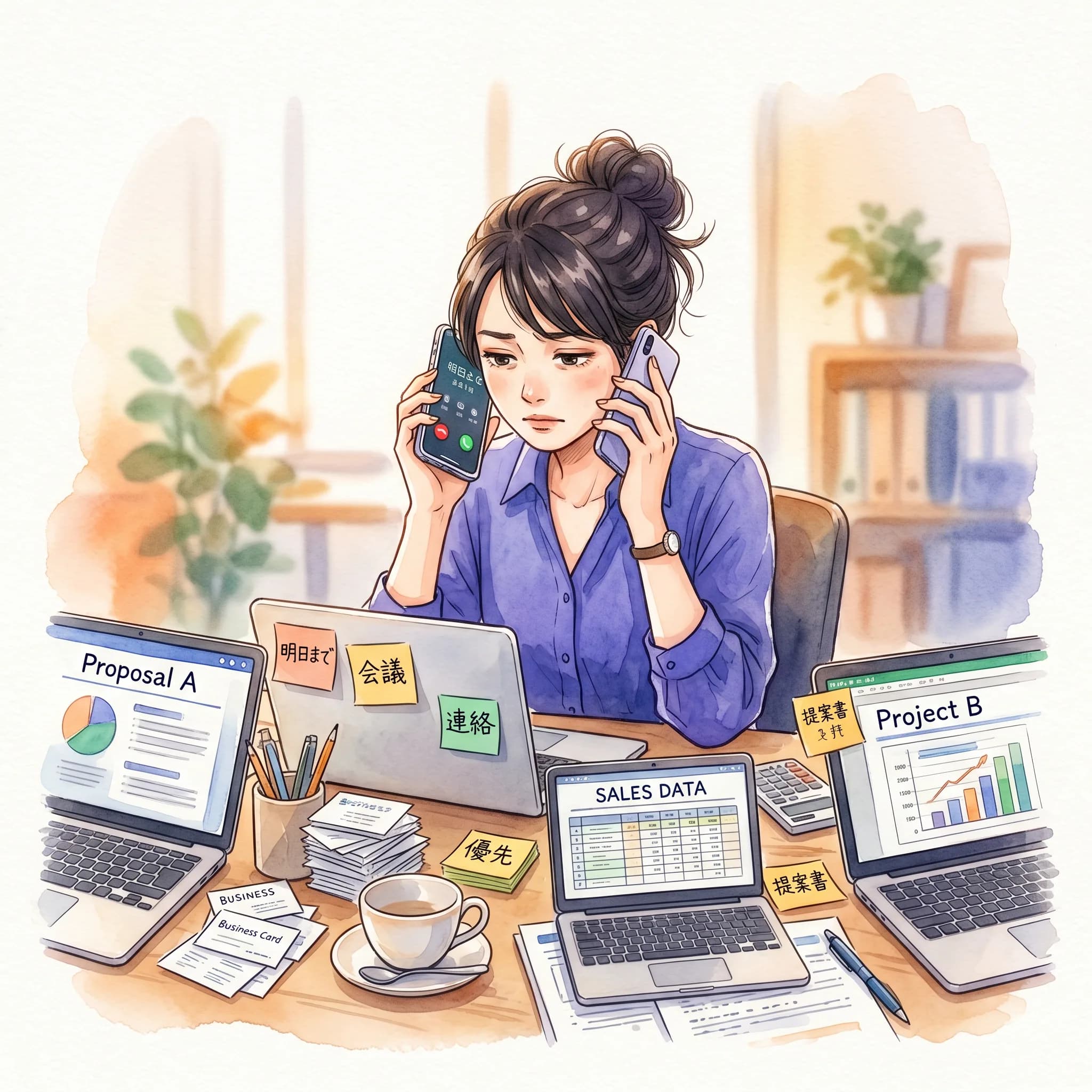 自社商材がなく営業に困っているビジネスウーマンのイラスト