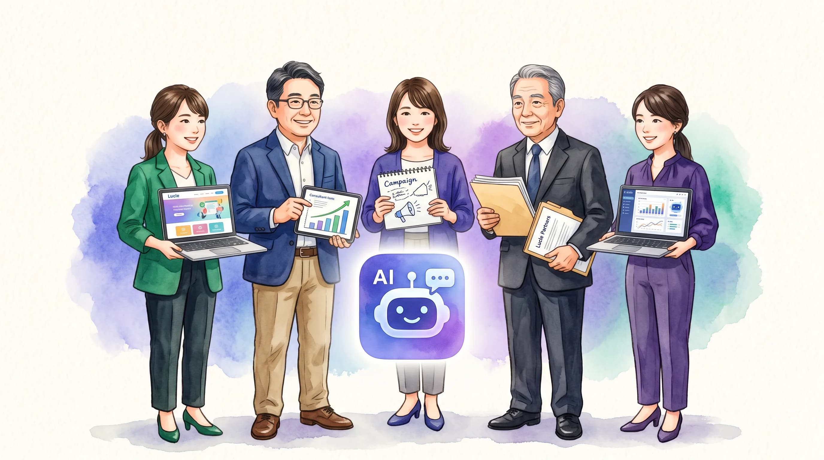 多様な業種の代理店パートナーが Lucle を共通の AI 商材として扱うイラスト