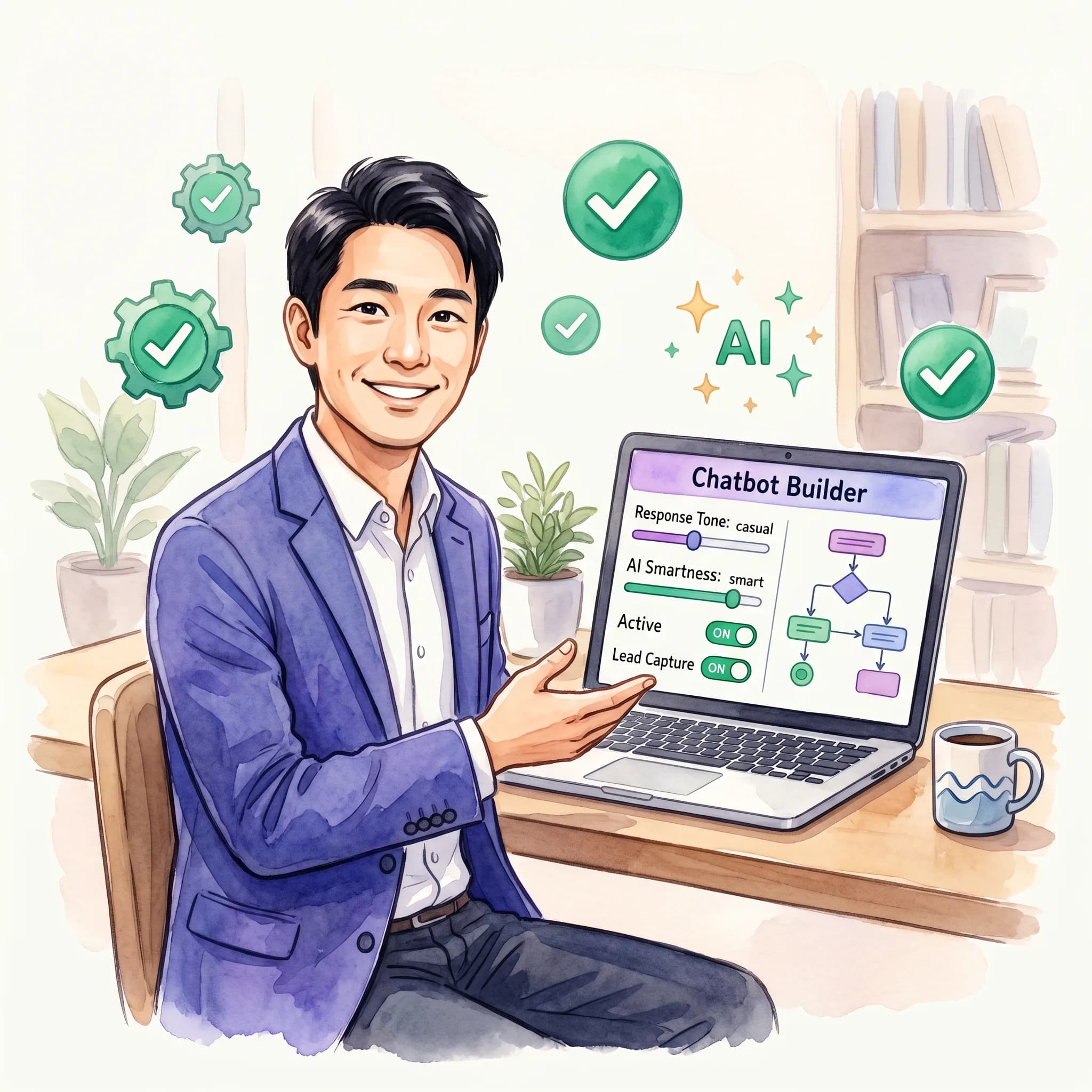 ノーコードでチャットボットを設定するビジネスマンのイラスト