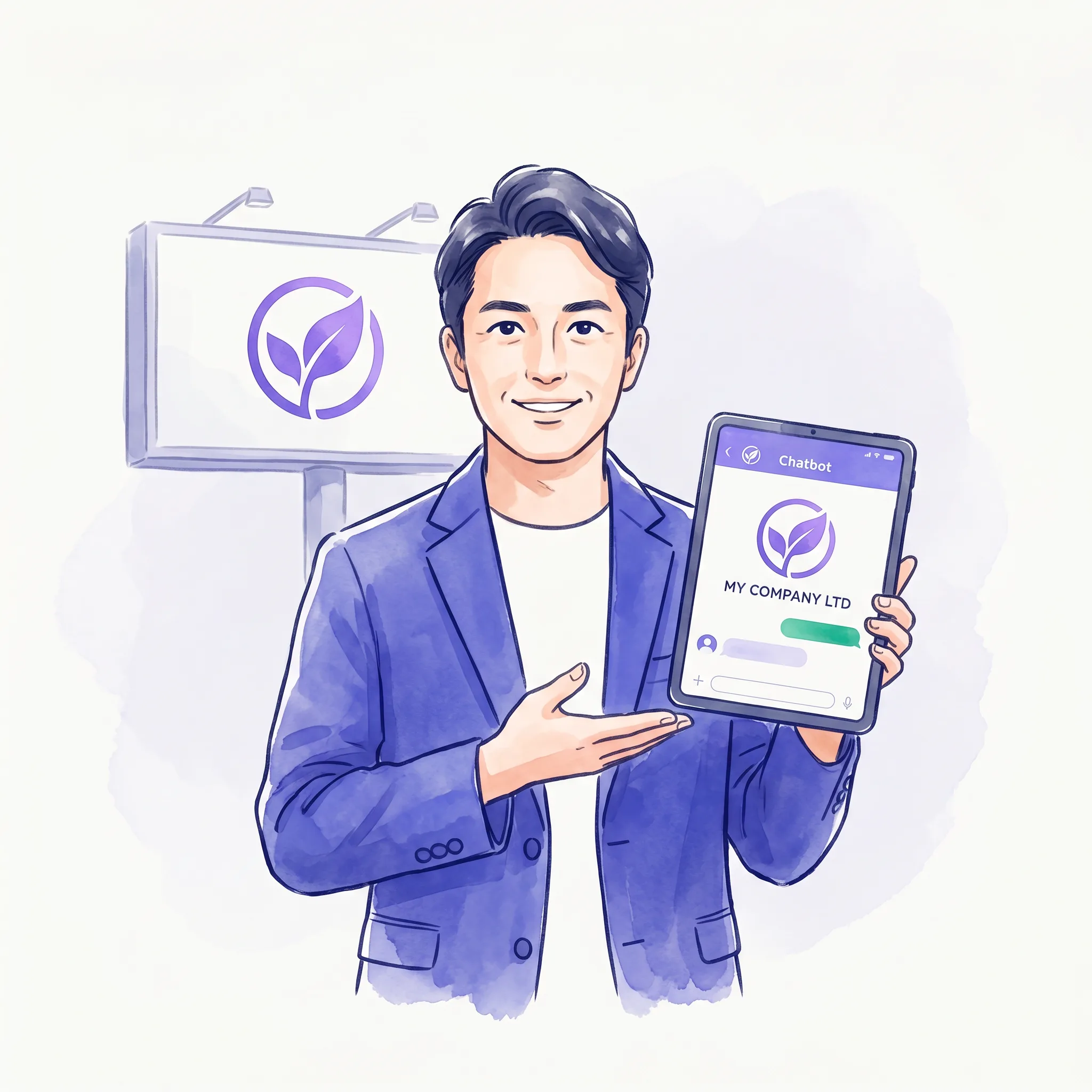 自社ブランドのロゴ入りチャットボットを誇らしげに見せるビジネスマンのイラスト